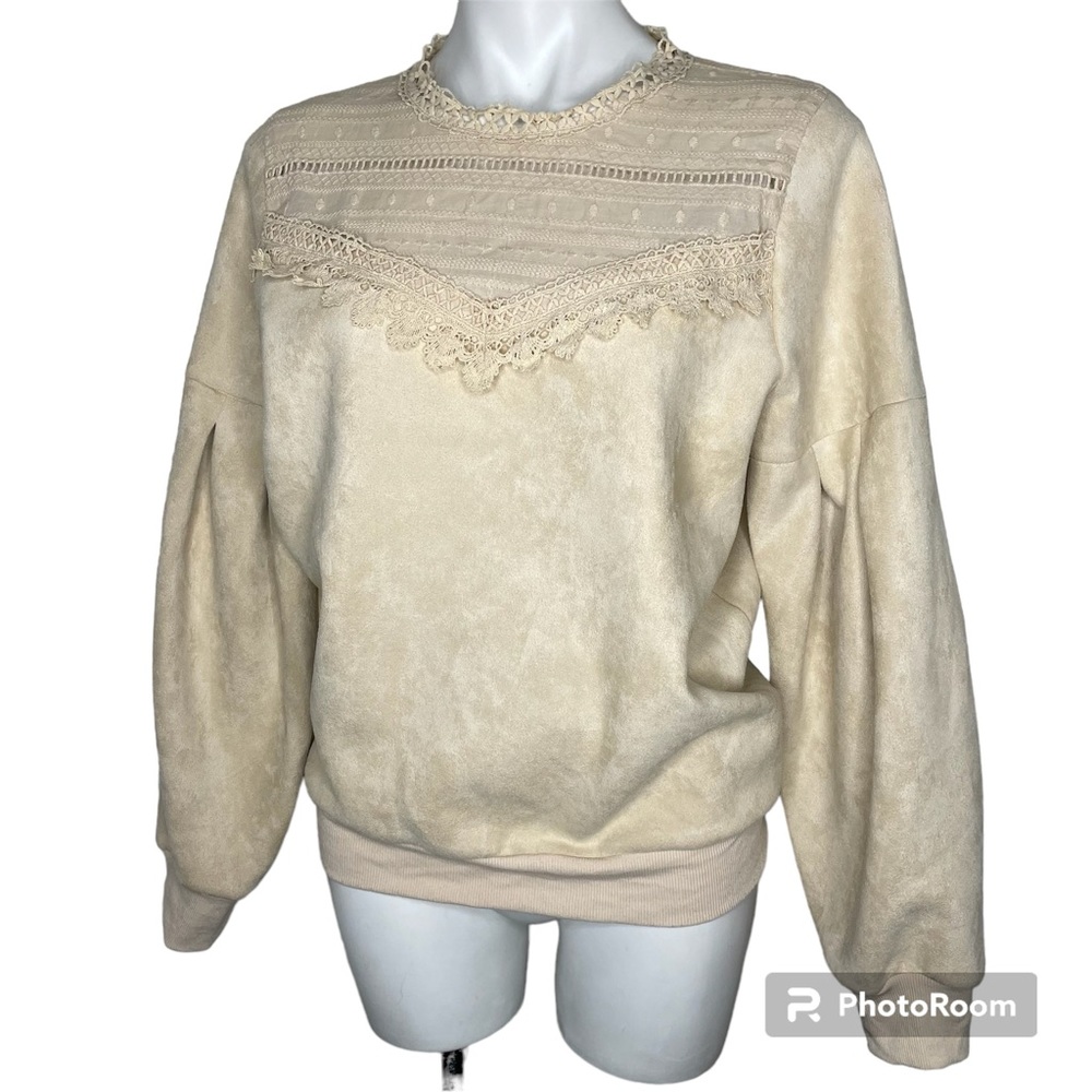 Alice Blue Faux Suede Top M Beige Lace Banded Waist Cuffs Long Sleeve